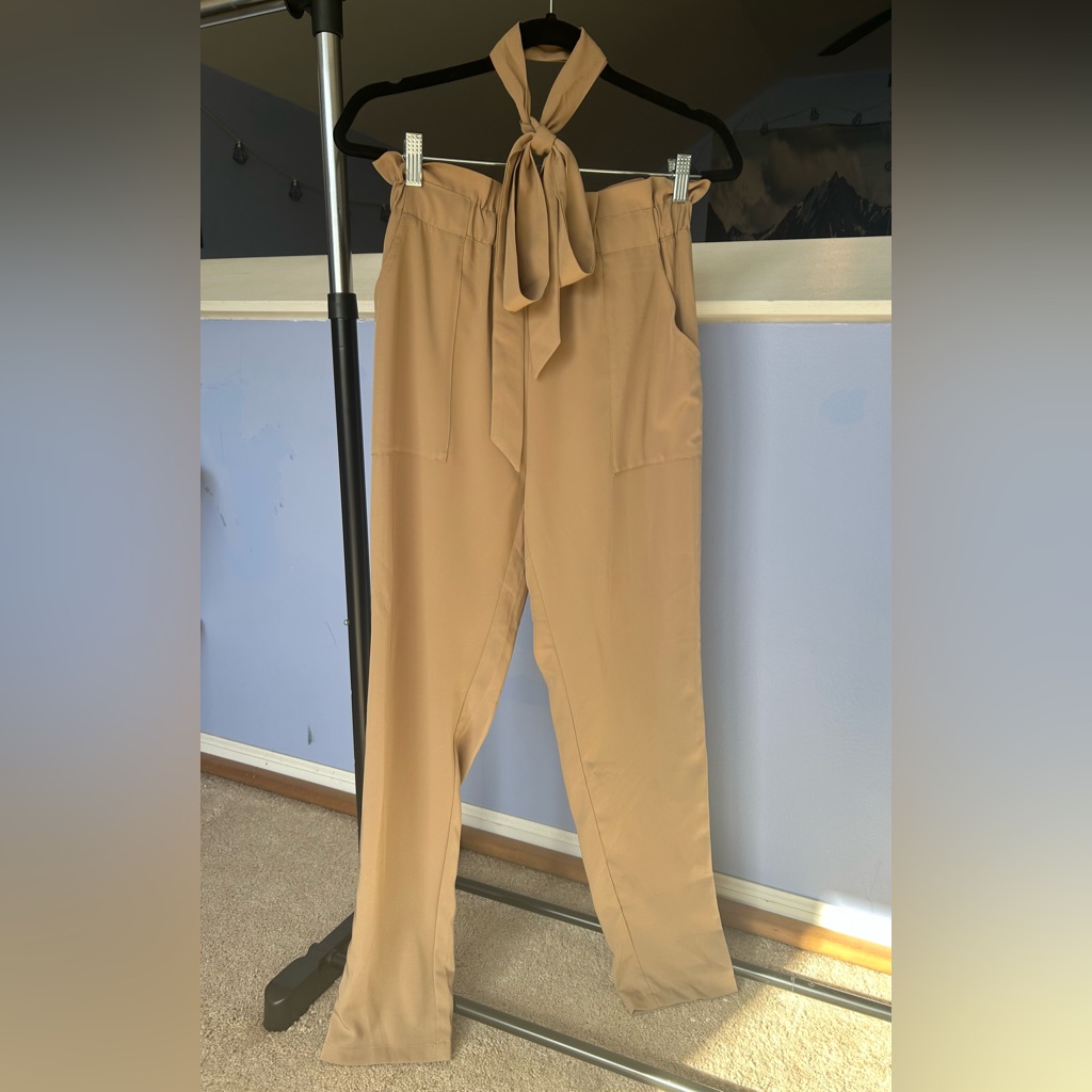 Simplee Apparel Tan Paper Bag Pants With Matching Belt